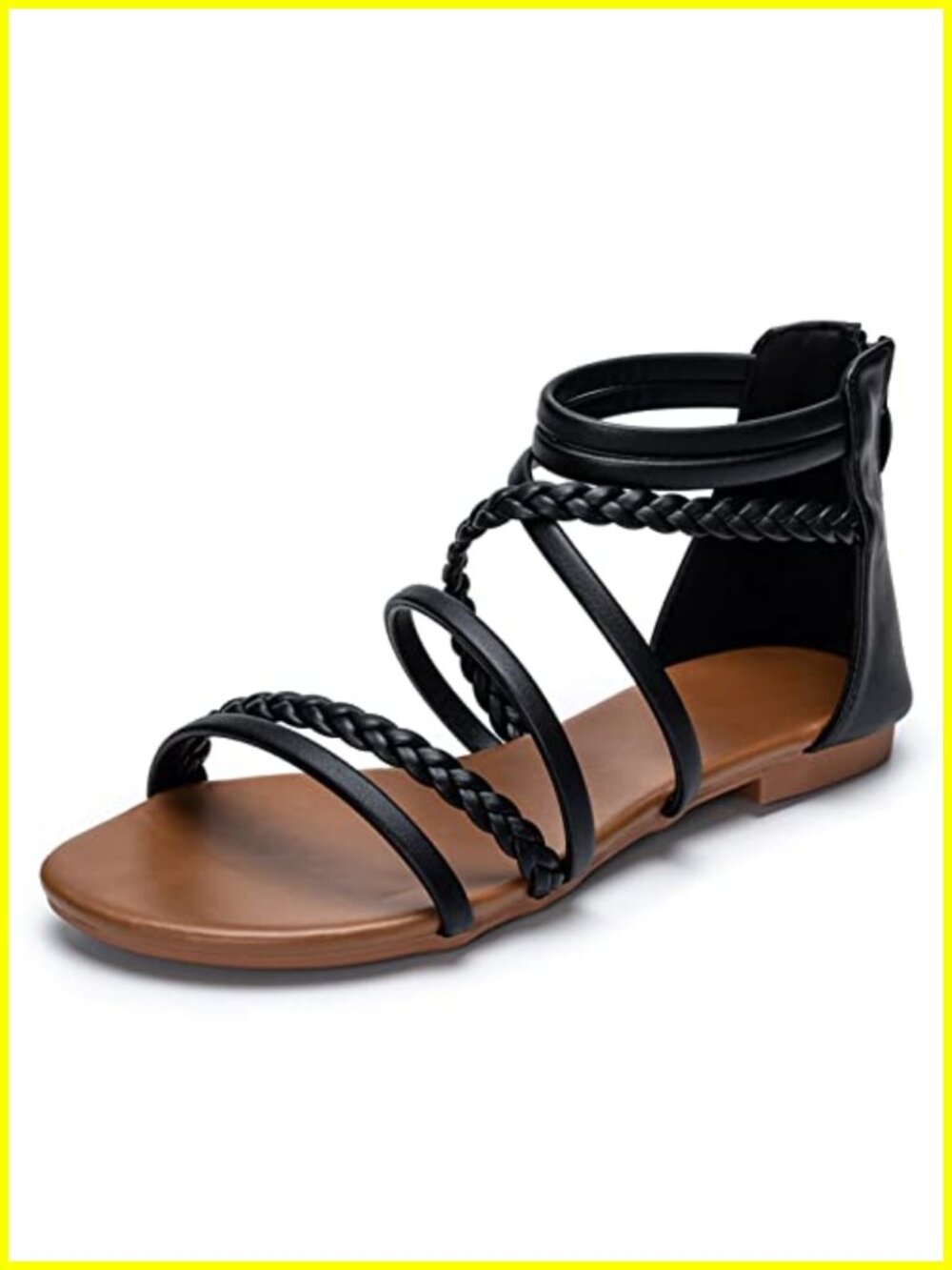 Women's Braided Strappy Flat Sandals with Back Zip, Faux Leather